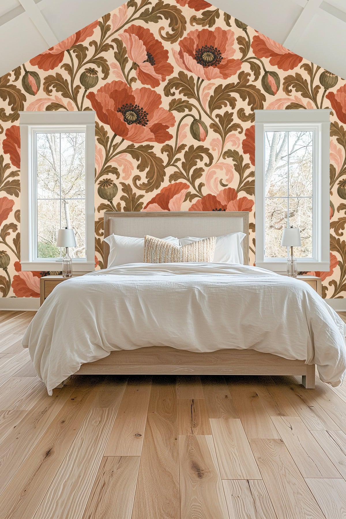 Close-up detail of terracotta poppy floral wallpaper with flowers and leaves behind glass candle and flowers