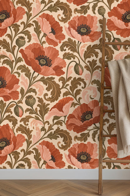 Wall section showing large terracotta poppies with pink and olive accents
