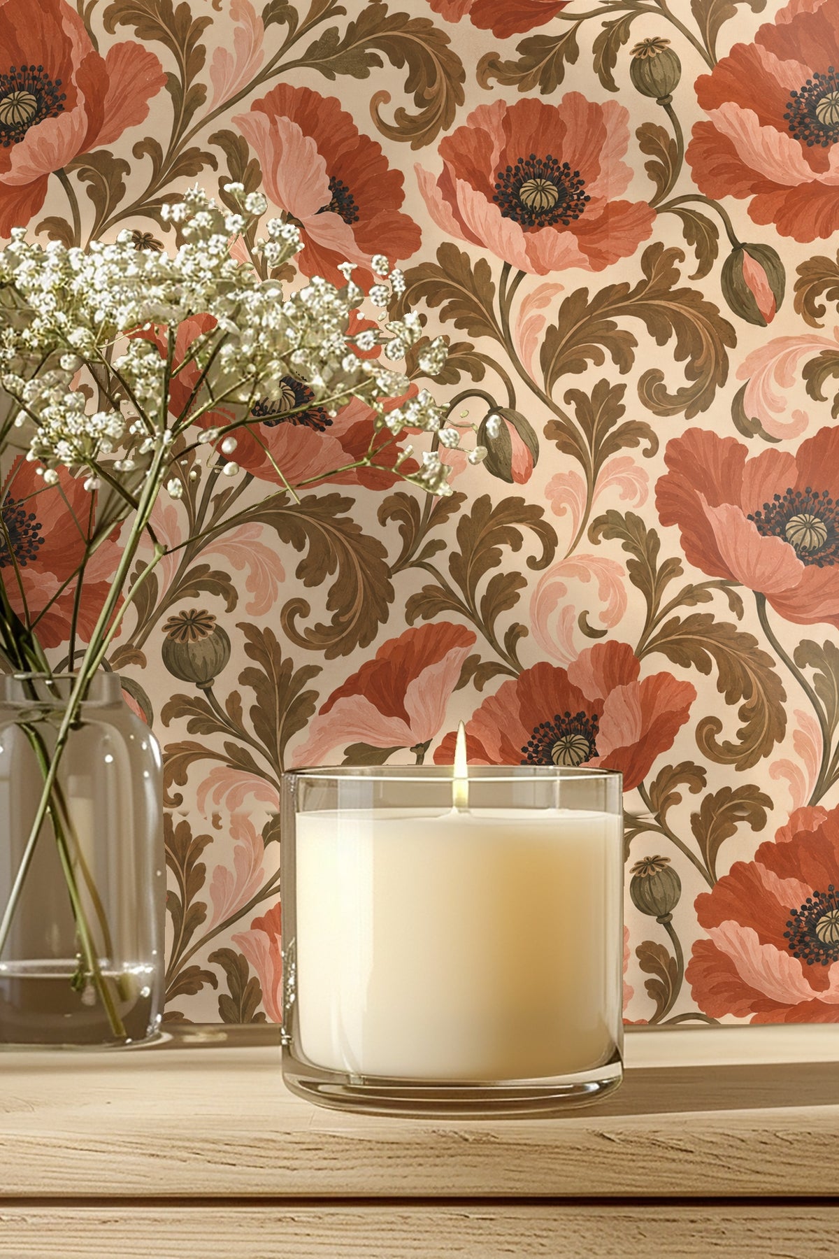 Bathroom medicine cabinet interior with terracotta poppy floral wallpaper