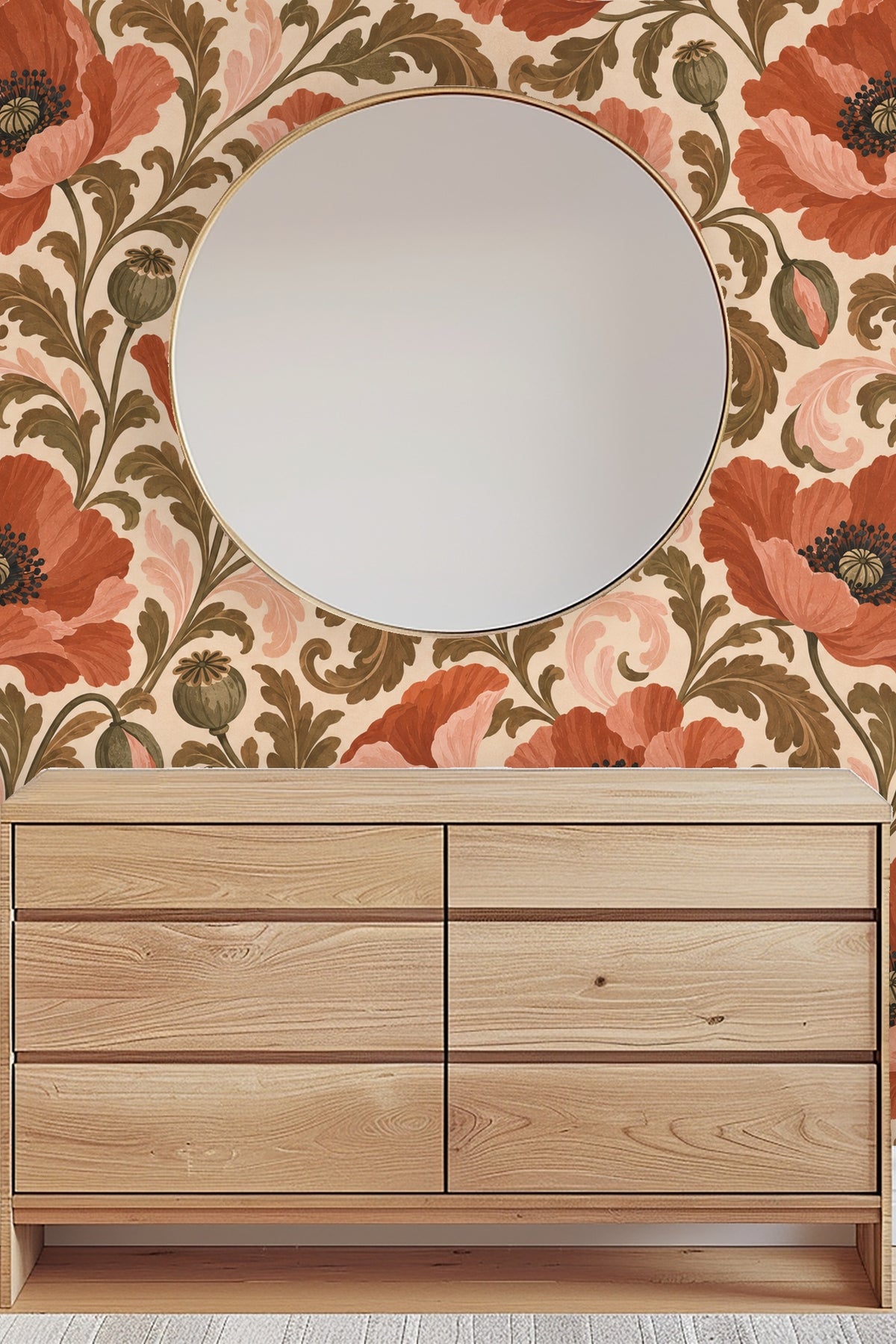 Corner view of wallpaper pattern in bathroom setting