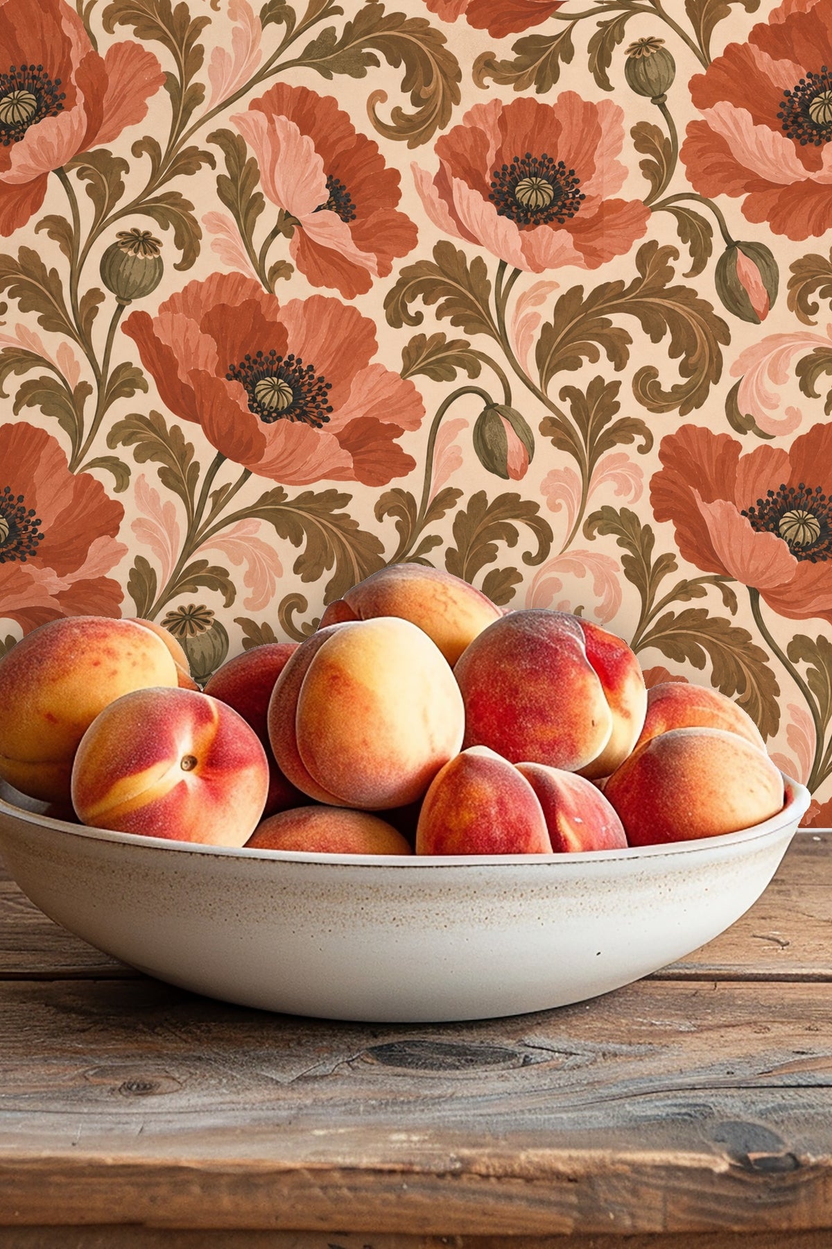 Pattern repeat showing full blooming poppies with soft pink and tan highlights