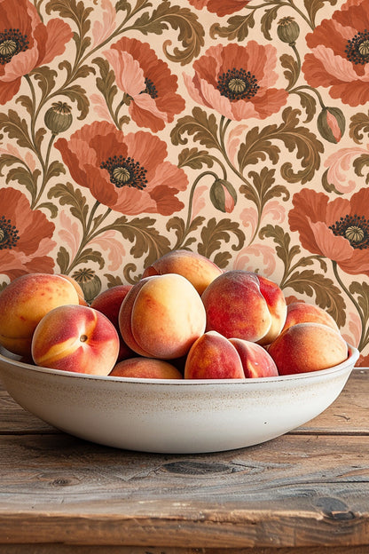Pattern repeat showing full blooming poppies with soft pink and tan highlights
