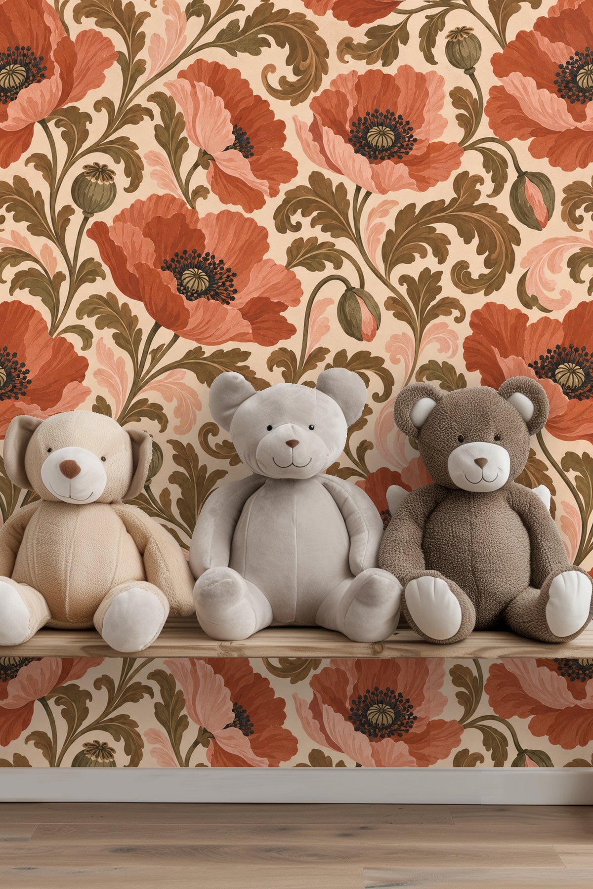 Curved floral stems and acanthus leaves in warm tones on cream background