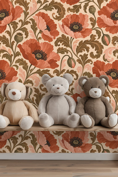 Curved floral stems and acanthus leaves in warm tones on cream background