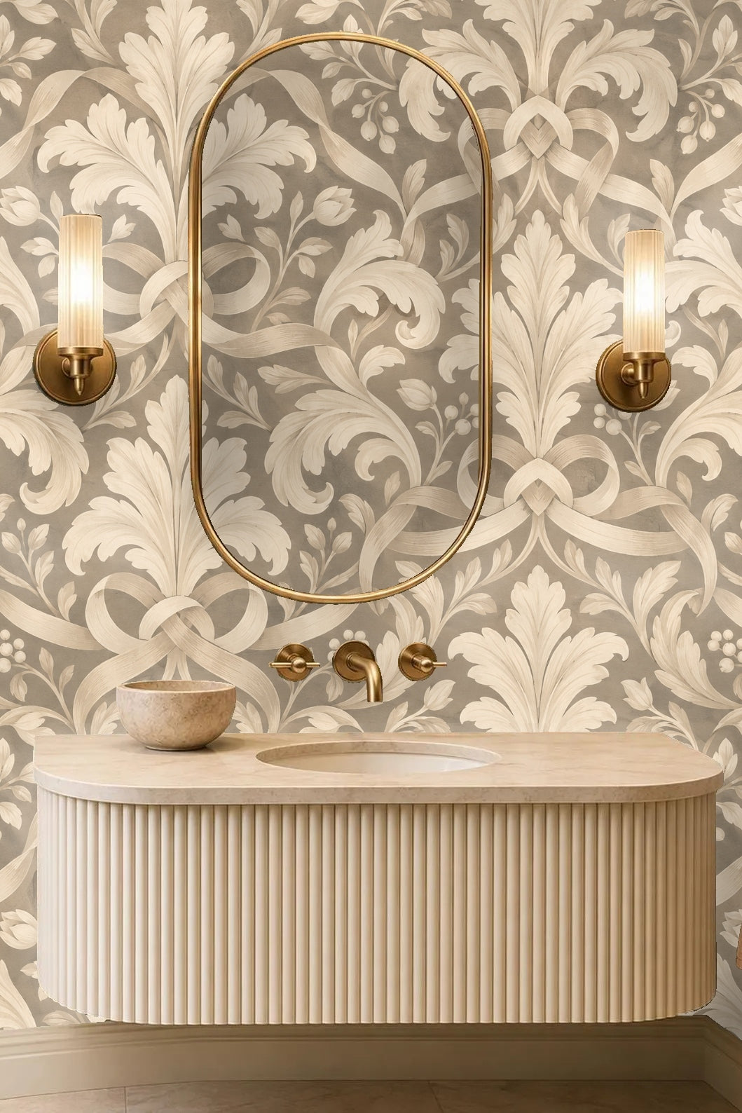 Warm taupe background and pearl white ribbon detail on wallpaper