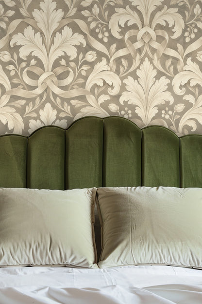 Close-up showing the intertwined ribbon and leaf pattern in Pearl Leaf Cartouche design