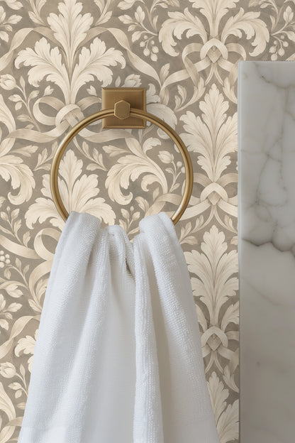 Pearl Leaf Cartouche wallpaper displayed in a modern setting with neutral furnishing