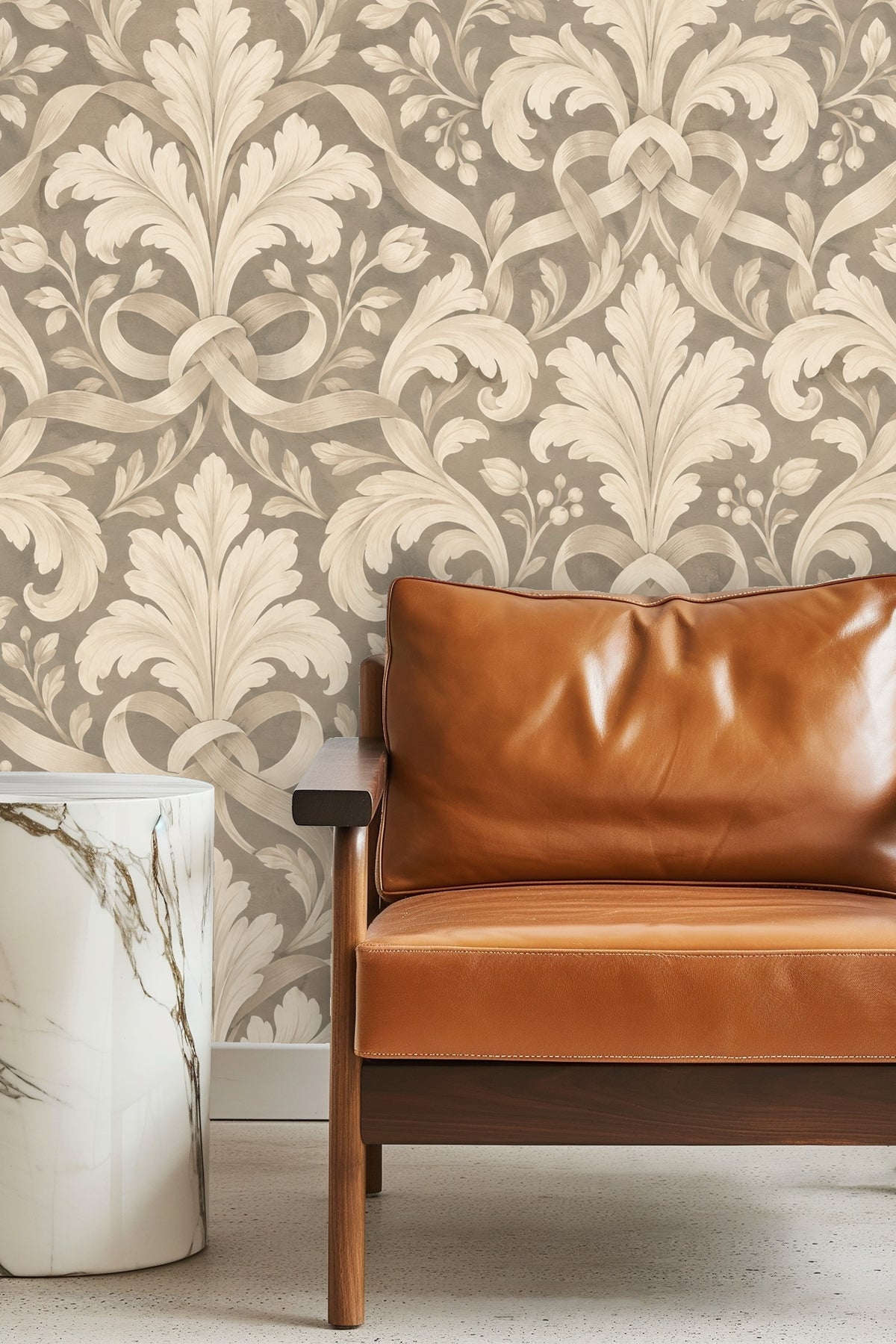 Original artwork of Pearl Leaf Cartouche wallpaper showing detailed acanthus leaves and flowing ribbons in soft pearl hues on taupe ground