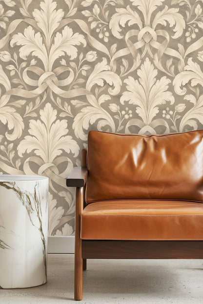 Original artwork of Pearl Leaf Cartouche wallpaper showing detailed acanthus leaves and flowing ribbons in soft pearl hues on taupe ground