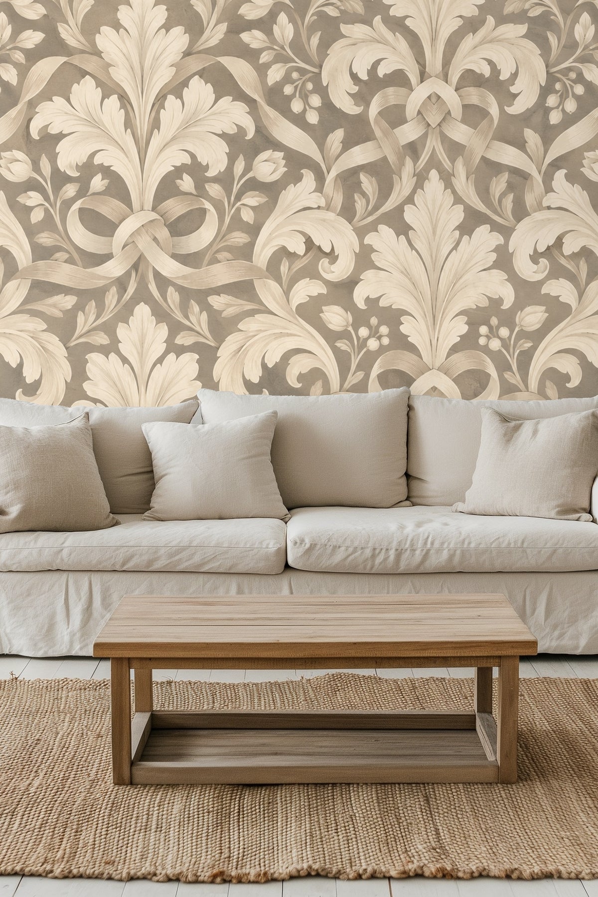 Decorative cartouche detail on wallpaper with fine linework