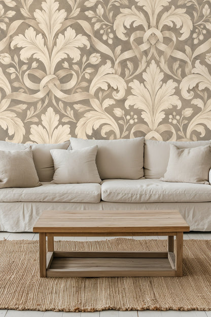 Decorative cartouche detail on wallpaper with fine linework