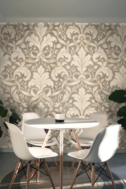 Overall atmospheric view of a room dressed in Pearl Leaf Cartouche wallpaper