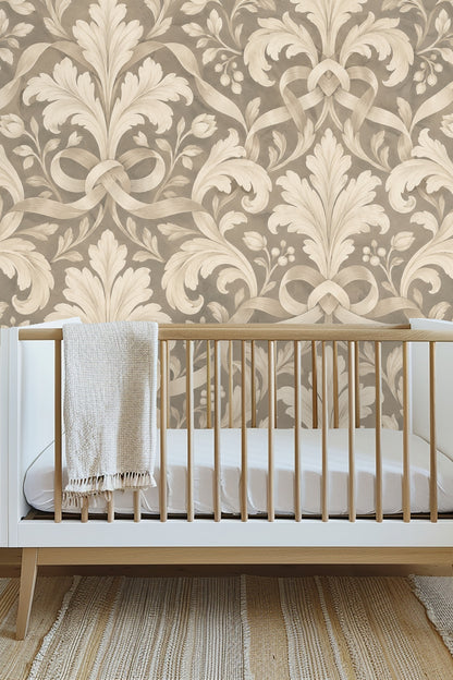 Leaf motifs with soft shading and subtle berry details on Pearl Leaf Cartouche wallpaper