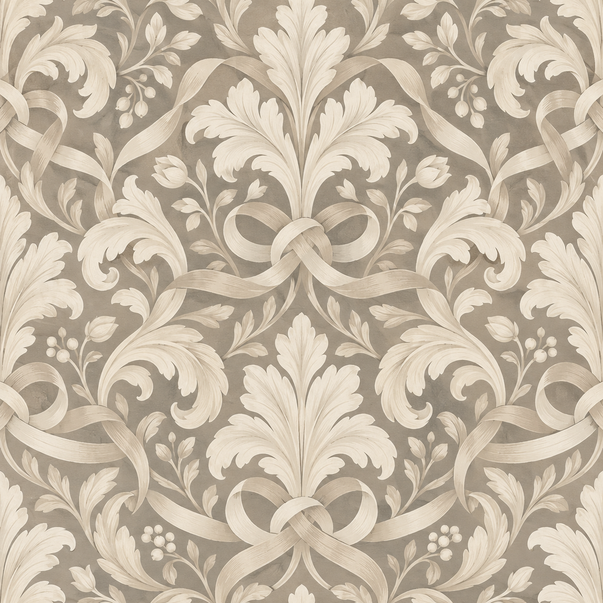 Muted palette of the Pearl Leaf Cartouche wallpaper evidencing balanced classic pattern