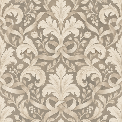 Muted palette of the Pearl Leaf Cartouche wallpaper evidencing balanced classic pattern