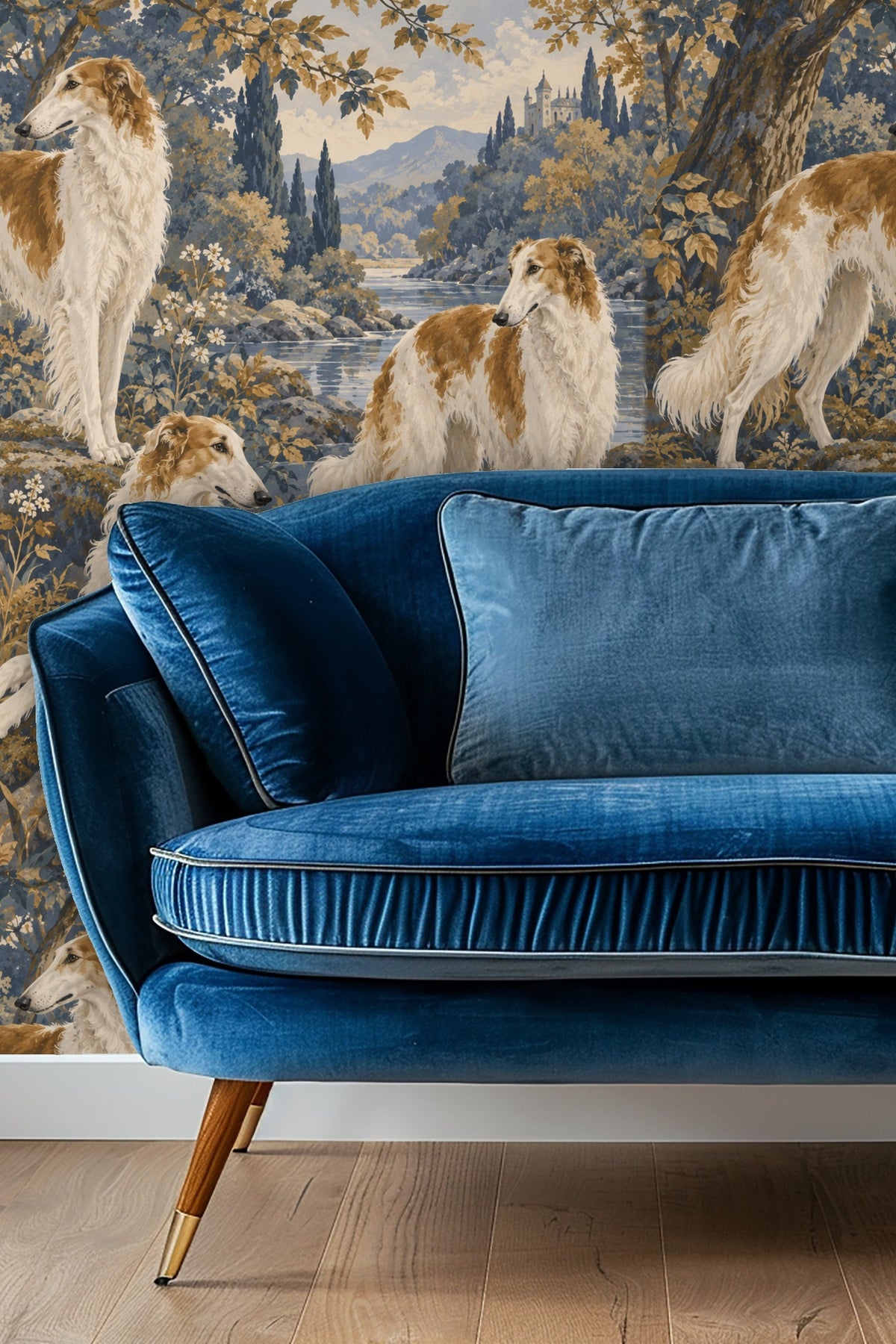 Bedroom scene featuring wallpaper mural with borzoi dogs and a scenic riverbank