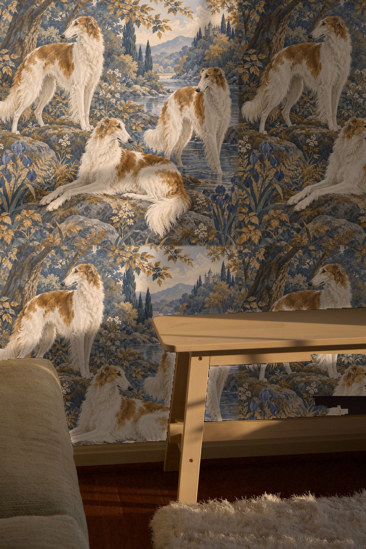 Brown leaves and lush foliage around the borzoi dogs in wallpaper