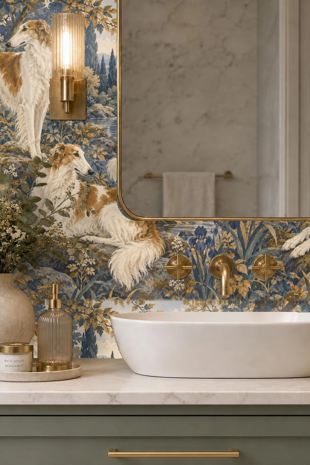 Rocky river landscape with flowering plants and blue-gray tones in wallpaper
