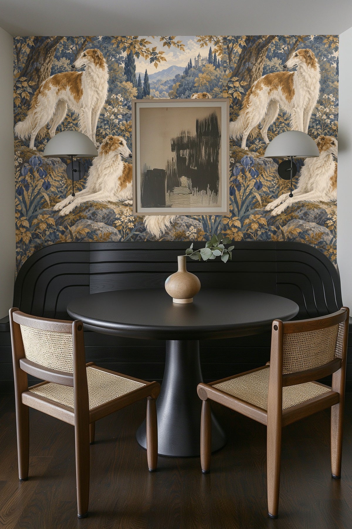 Delicate white flowering plants near water's edge in wallpaper art
