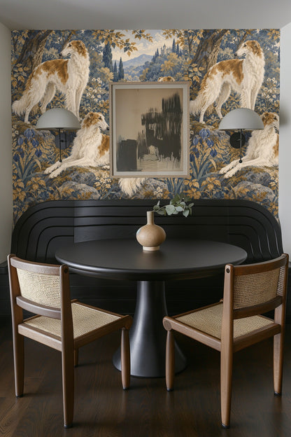 Delicate white flowering plants near water's edge in wallpaper art