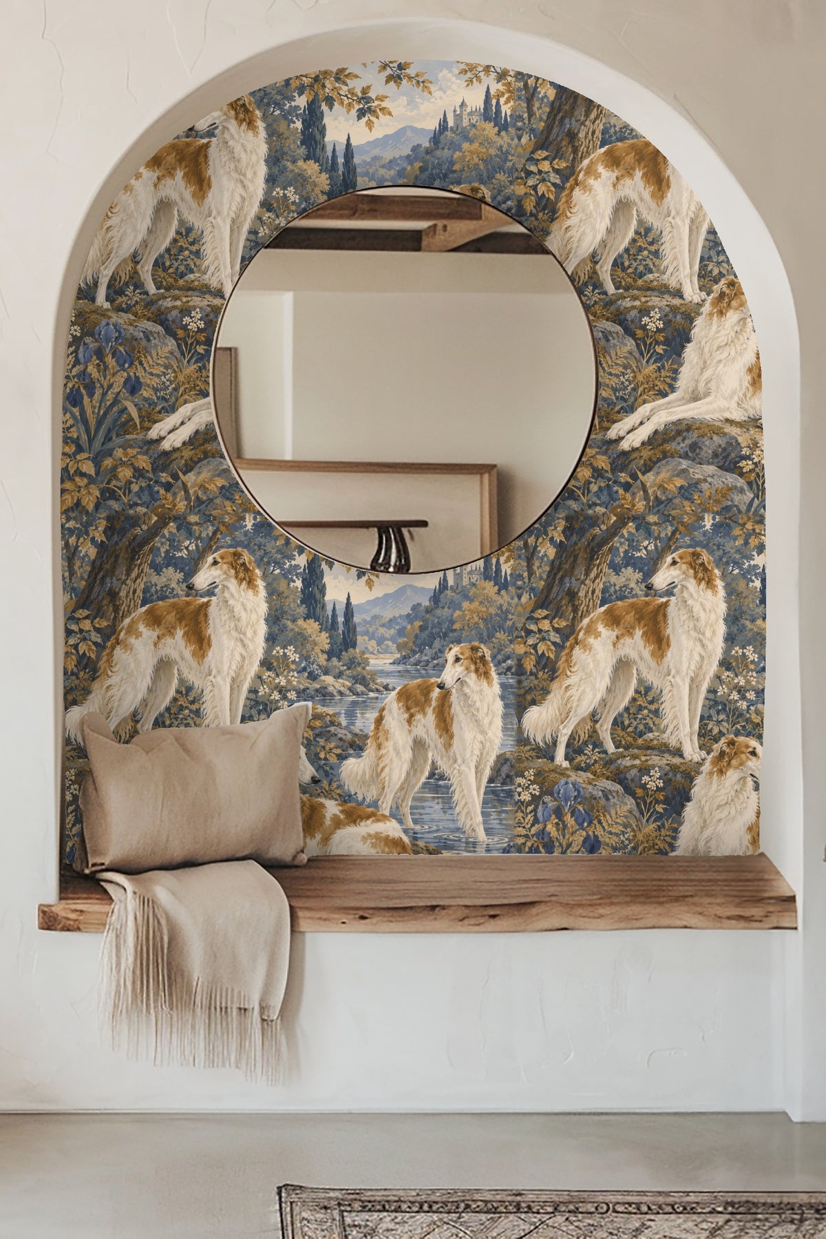 Tail and hind legs of the lying borzoi dog in wallpaper design