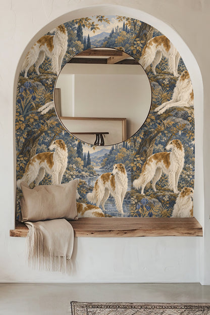 Tail and hind legs of the lying borzoi dog in wallpaper design