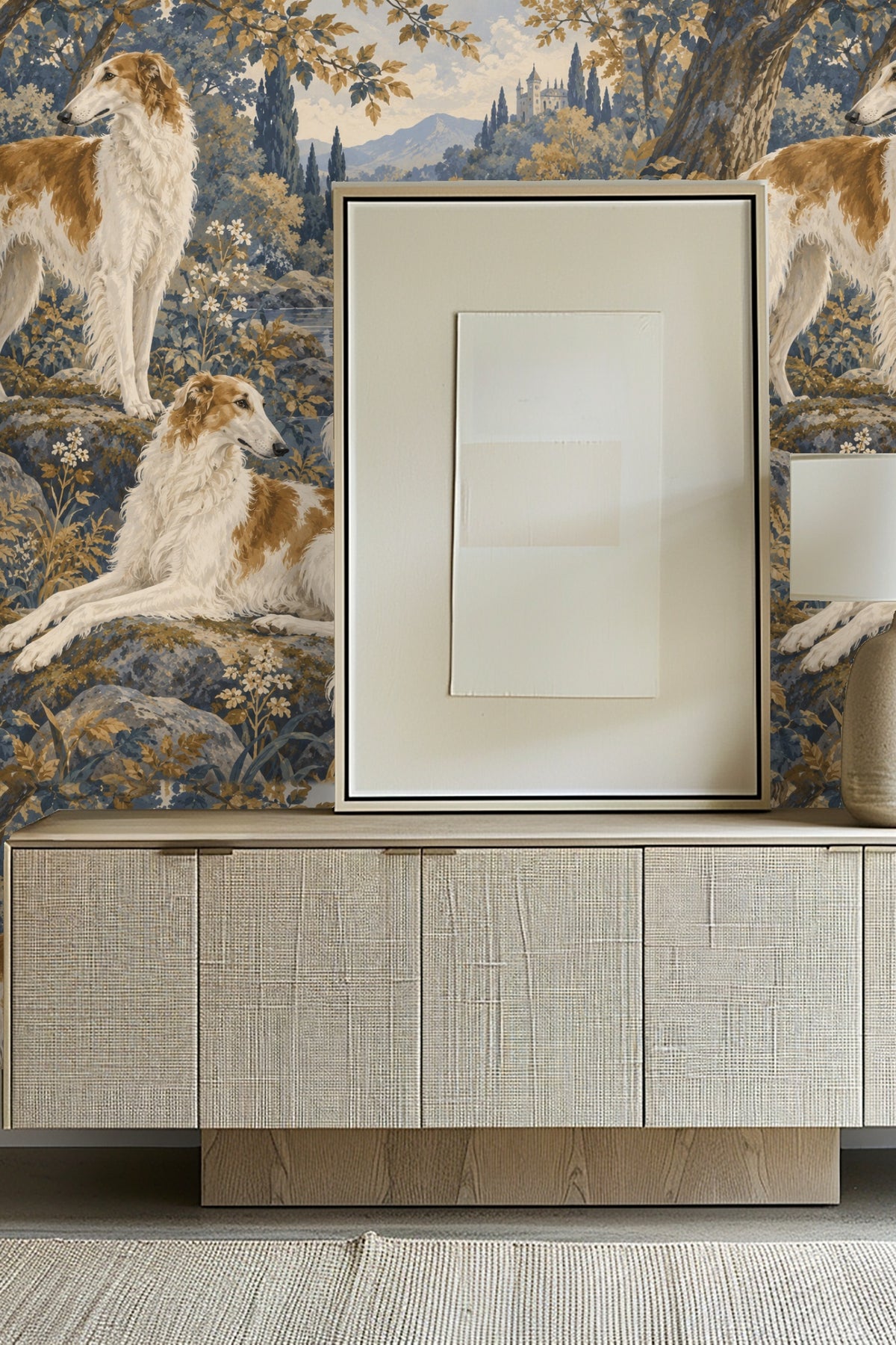 Detailed view of the borzoi dogs and riverbank wildlife wallpaper artwork