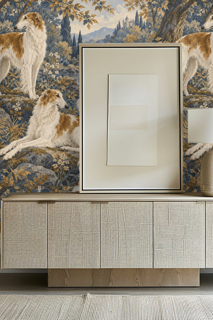 Detailed view of the borzoi dogs and riverbank wildlife wallpaper artwork