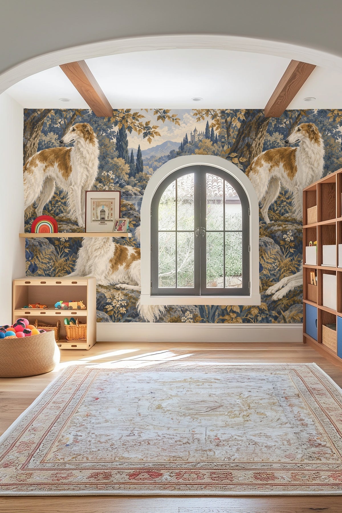 Leafy branches with golden hues framing the borzoi dogs wallpaper