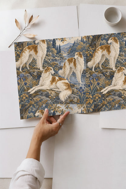 Blue iris flowers in foreground of wallpaper riverbank scene