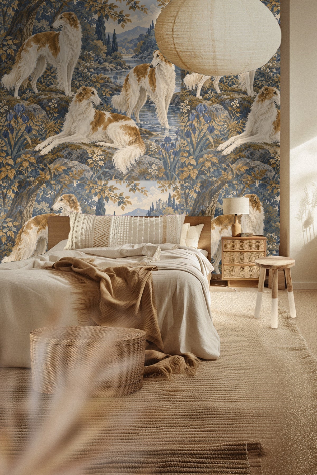 Wallpaper mural with three russet and white borzoi dogs in an entryway setting