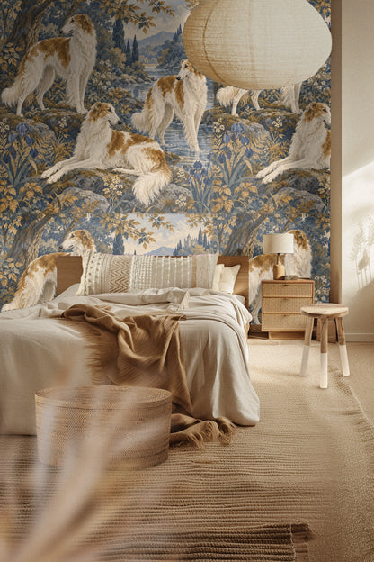 Wallpaper mural with three russet and white borzoi dogs in an entryway setting