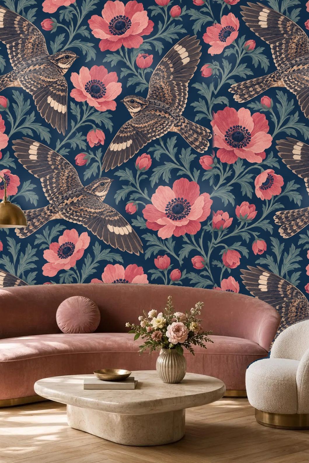 Interior bedroom view with Night Flight Anemone wallpaper behind plush scalloped green headboard