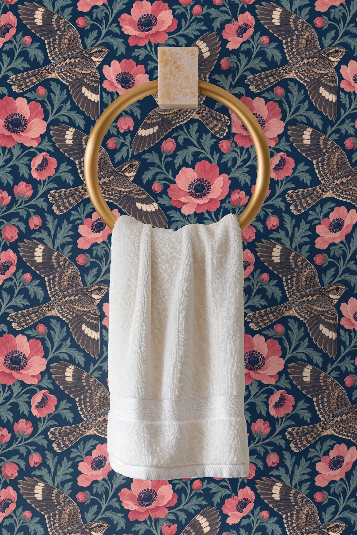 Artistic wallpaper motif featuring evenly spaced floral and avian elements