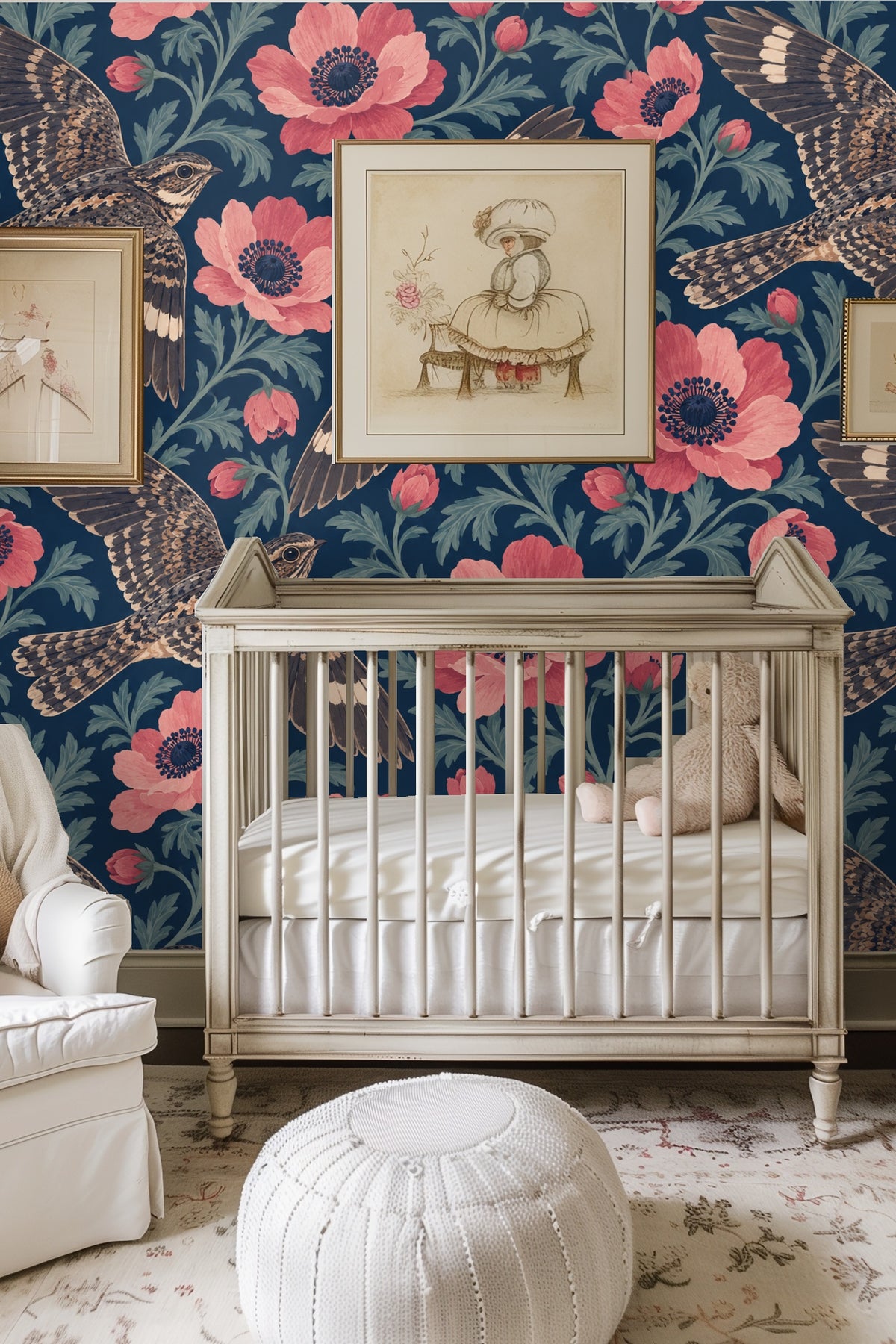 Living room decorated with Night Flight Anemone wallpaper, blush curved sofa, and round marble coffee table