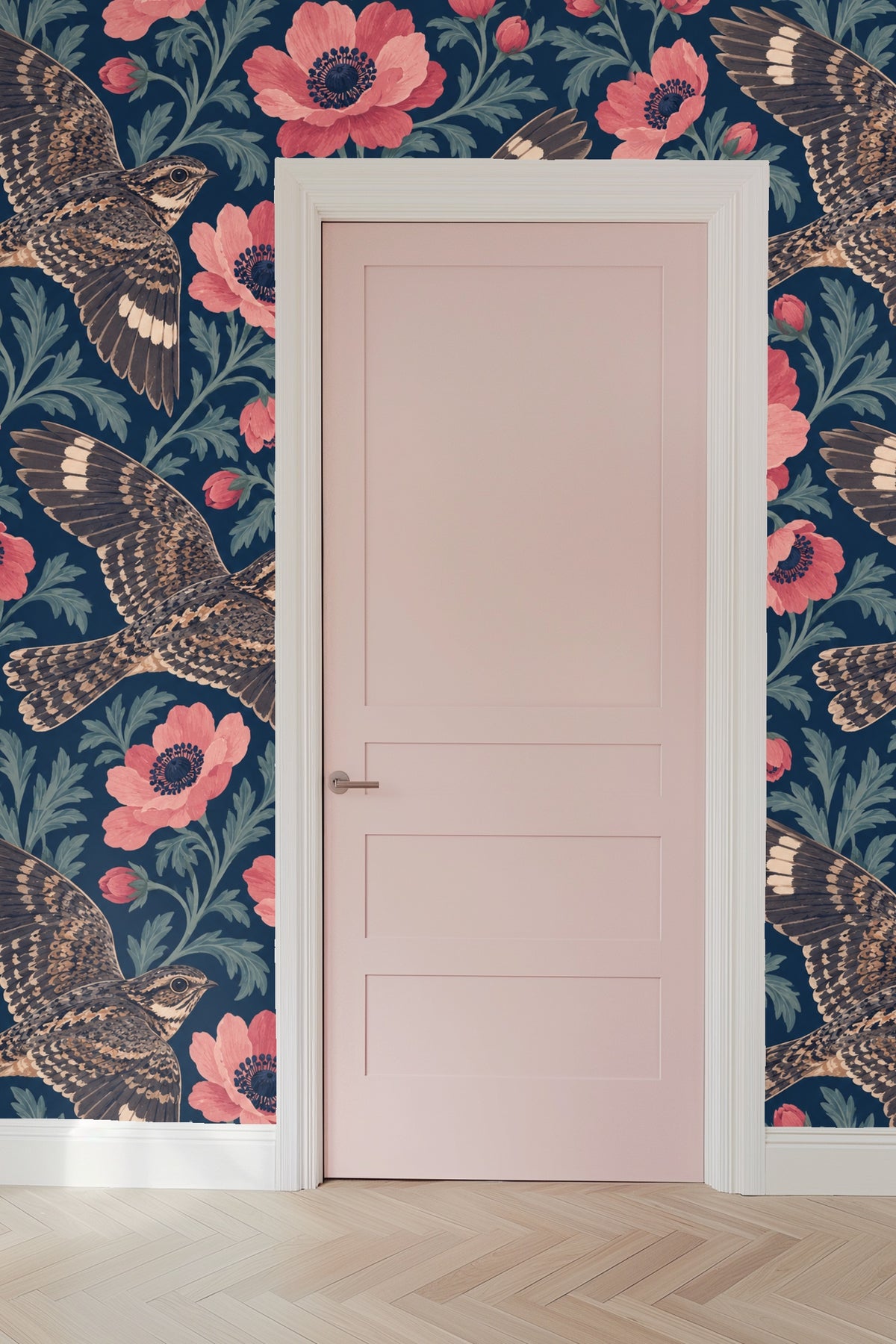 Wallpaper in setting with velvet furniture complementing color palette