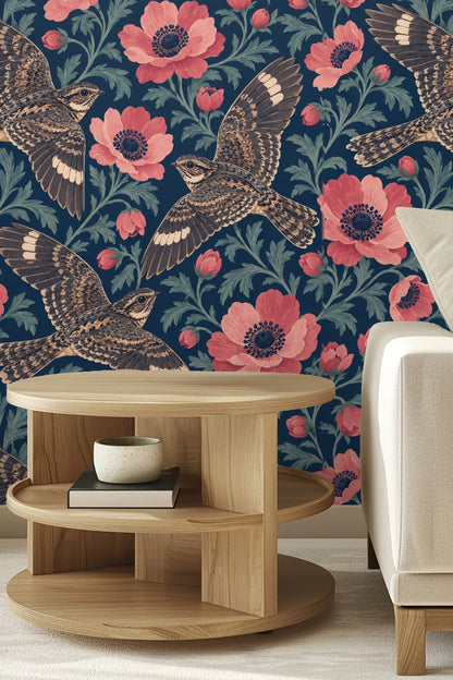 Wallpaper pattern close-up showing painterly leaf and petal brushwork