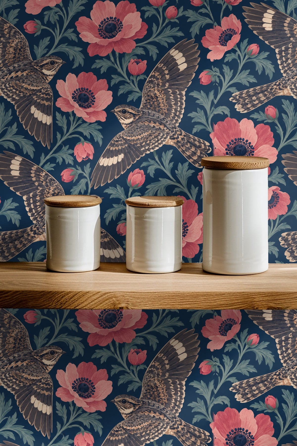 Pattern repeat showing flower buds and foliage swirls