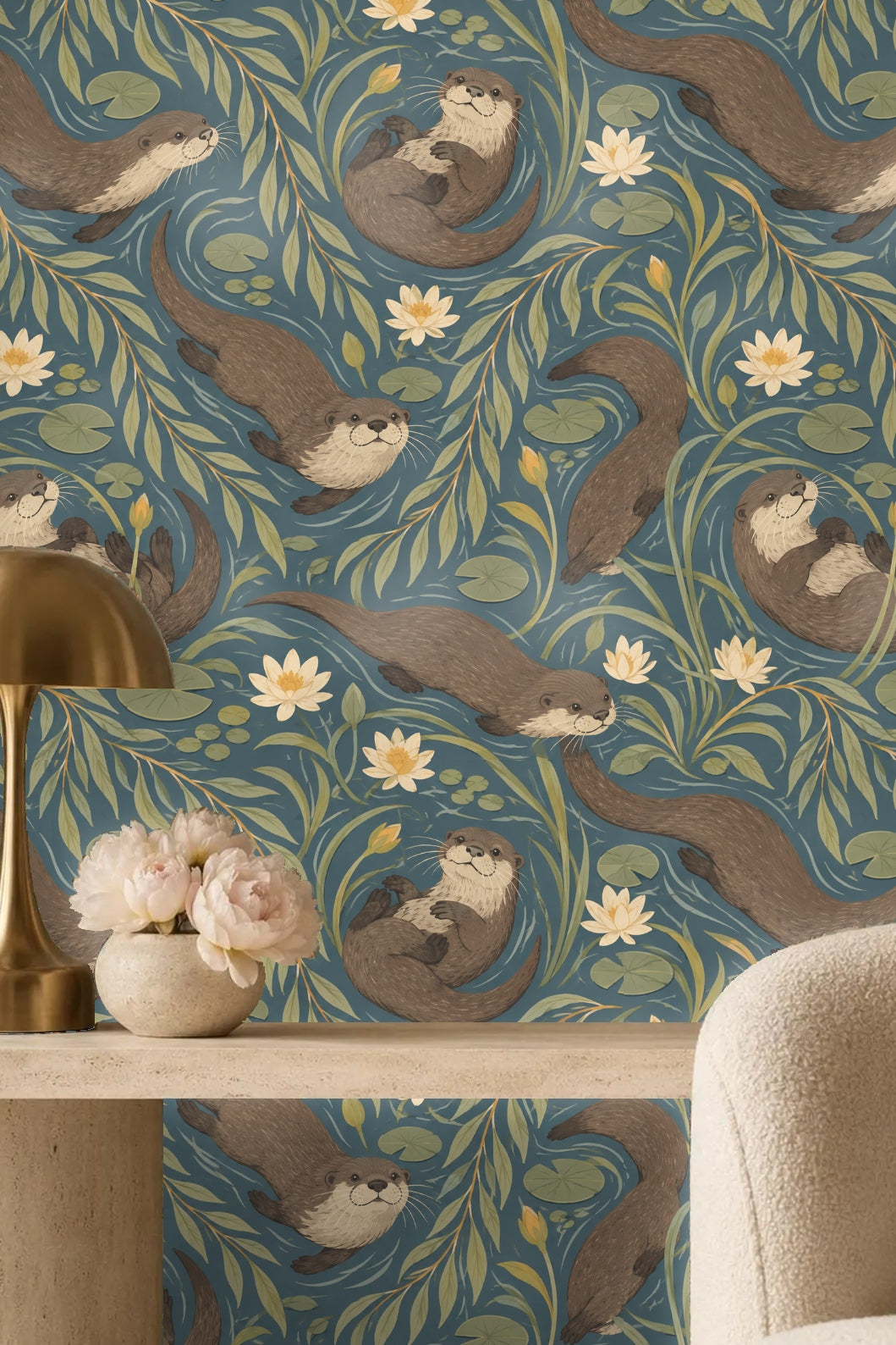Living room with textured beige sofa and wooden coffee table against wallpaper of otters and water lilies