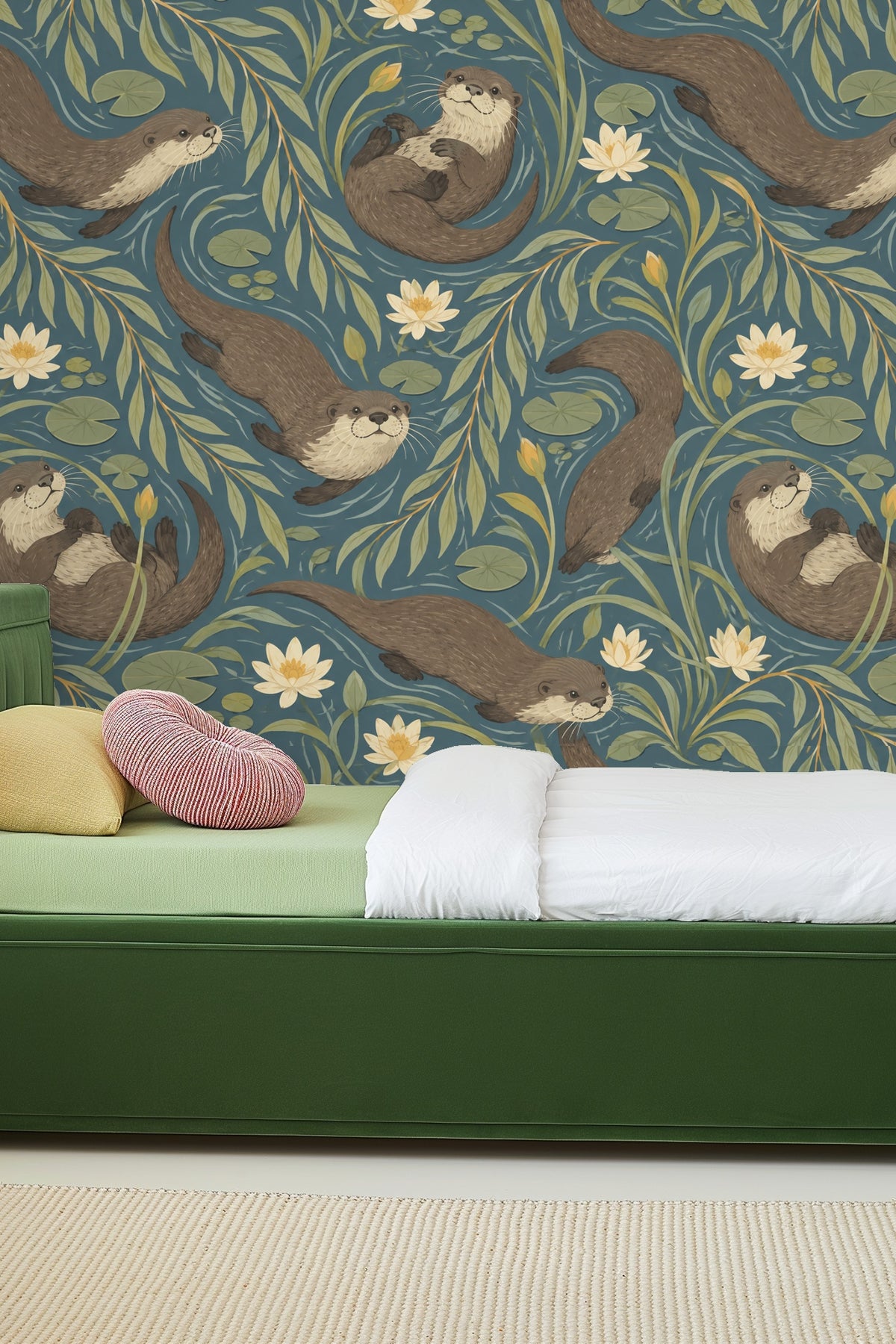 Close-up of wallpaper showing otters curling and swimming amid willow branches and lilies