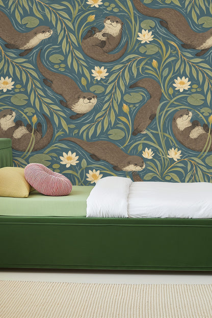 Close-up of wallpaper showing otters curling and swimming amid willow branches and lilies