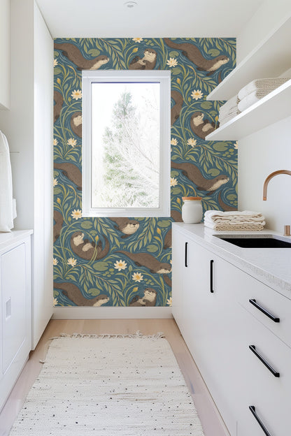 Willow Otter Tides wallpaper shown in an interior setting