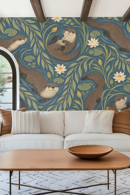 Willow Otter Tides wallpaper shown in an interior setting