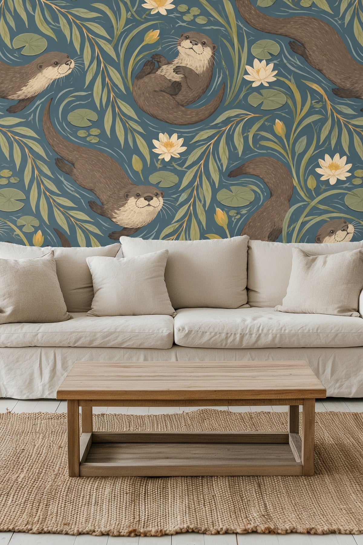 Wallpaper pattern of playful otters swimming with water lilies and willow leaves on blue background