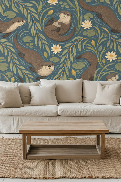 Wallpaper pattern of playful otters swimming with water lilies and willow leaves on blue background