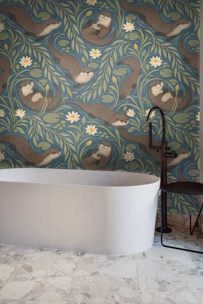 Willow Otter Tides wallpaper shown in an interior setting
