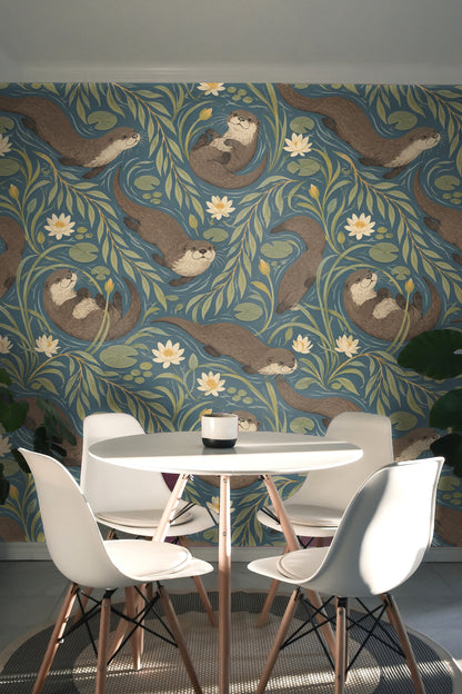 Willow Otter Tides wallpaper shown in an interior setting