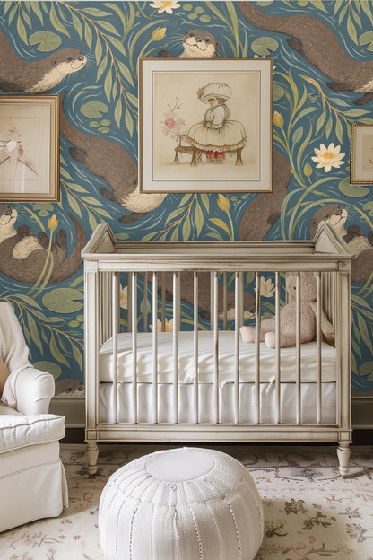 Willow Otter Tides wallpaper shown in an interior setting