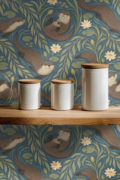 Willow Otter Tides wallpaper shown in an interior setting