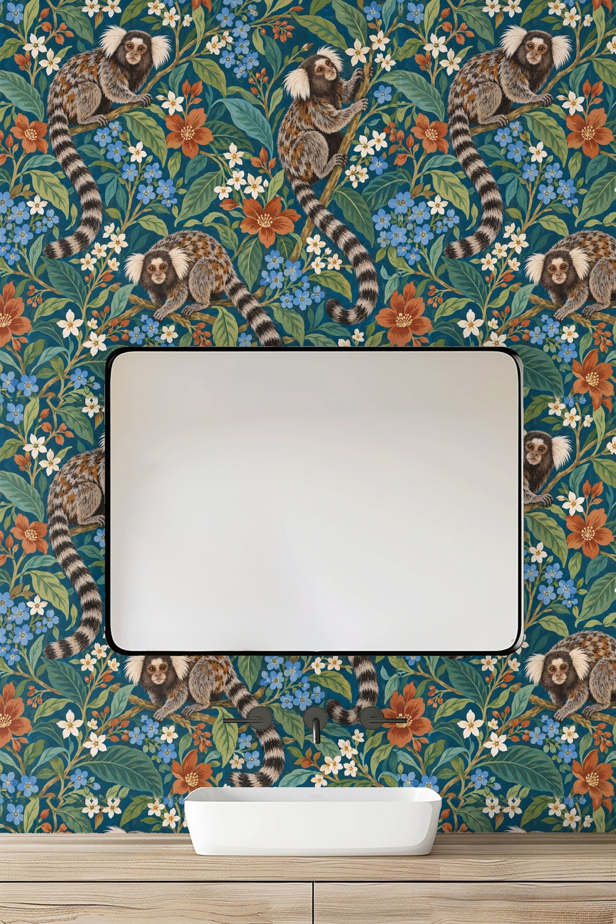 Striped tails of marmosets extending across lush botanical wallpaper